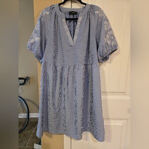 Ed David Blue and White Striped Dress with Embroidered Sleeves Sz 1X